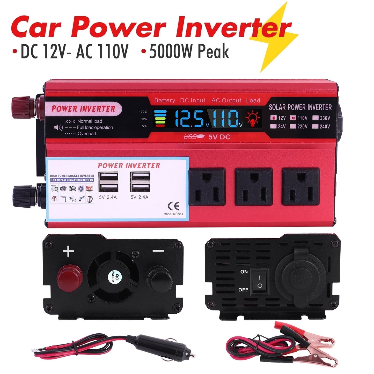 Inversor De Corriente De 12v A 110v De 4 Puerto Usb Y 5000w