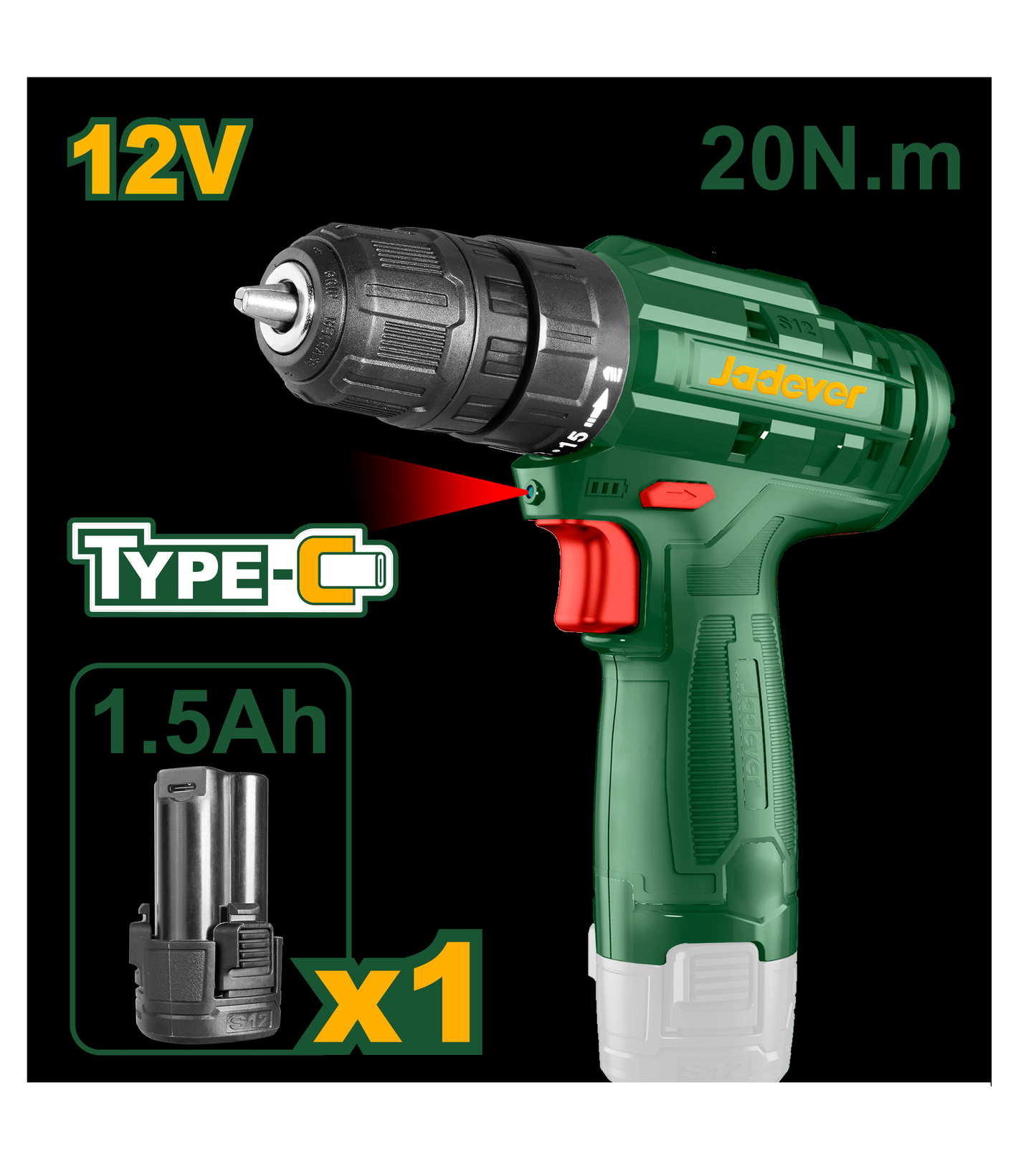 Taladro Inalámbrico 12v Jadever 20nm - 750 Rpm