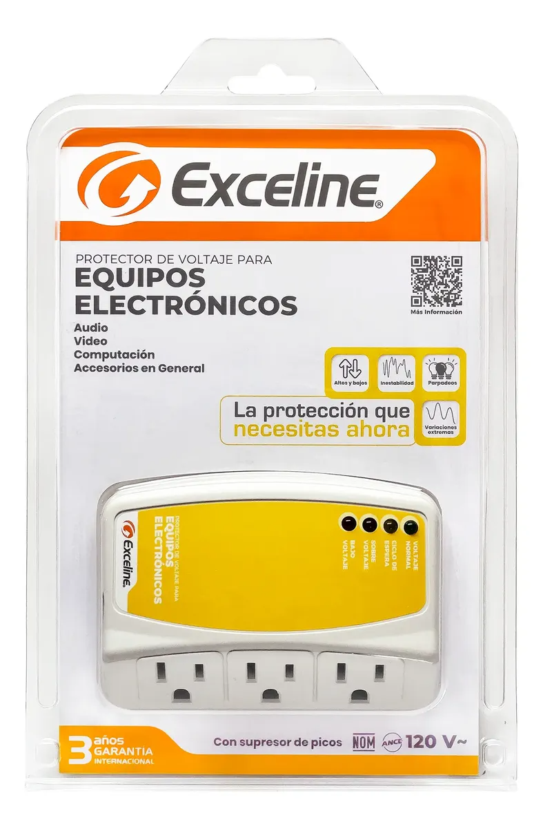 PROTECTOR DE VOLTAJE 120V DE 3 TOMAS EXCELINE