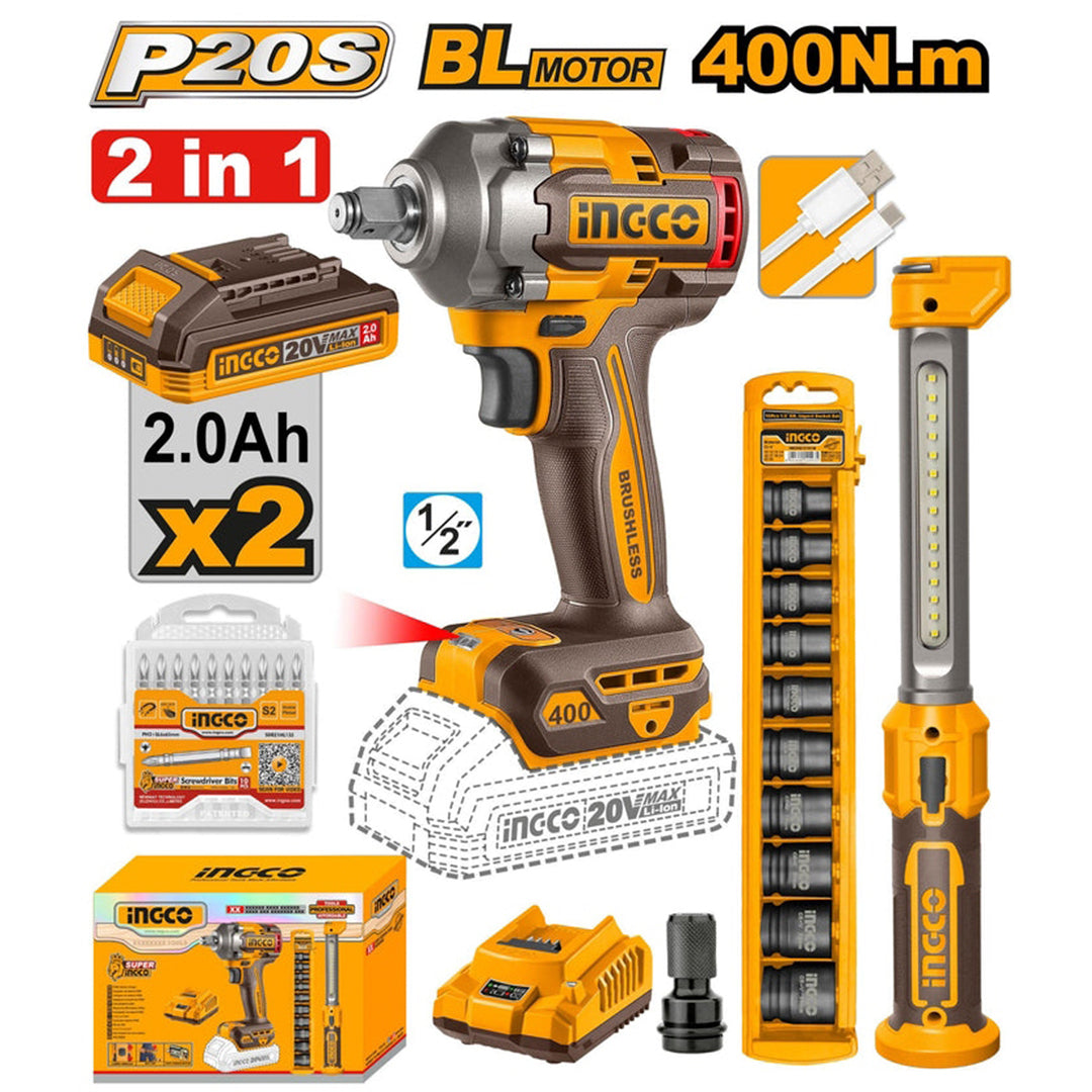 Kit De Llave Pistola De Impacto 1/2 Con Dados Y Linterna Ingco