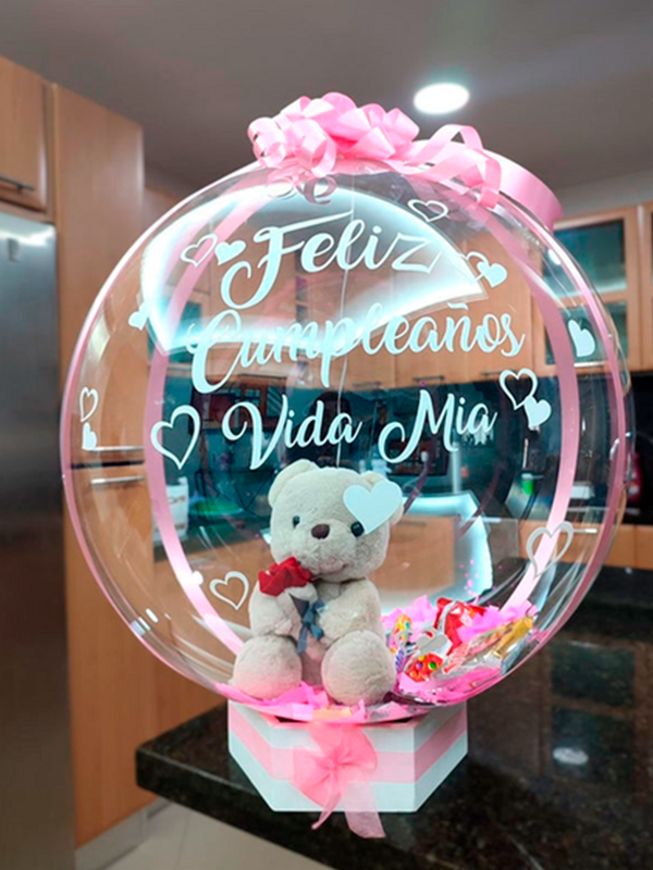 ARREGLO GLOBO BURBUJA CON PELUCHE