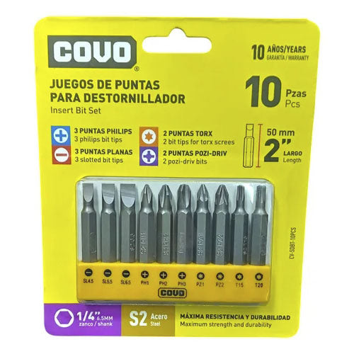 Juego De Puntas Para Destornillador De 10 Piezas Marca Covo