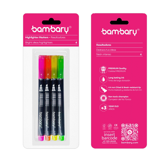 Resaltadores Neón Punta Biselada De 4,4 Milimetros De 4 Und