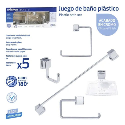 Accesorios De Baño Griven Cromado 5 Piezas Moderno Plástico