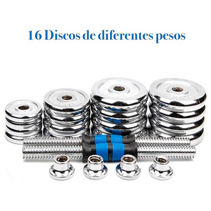 Kit De Mancuernas Y Barra Ajust De 30kg De Metal Con Estuche