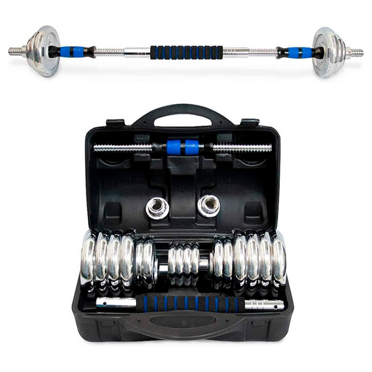 Kit De Mancuernas Y Barra Ajust De 30kg De Metal Con Estuche