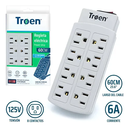 Regleta Eléctrica De 8 Tomas - 60 Cm Power Strip Troen