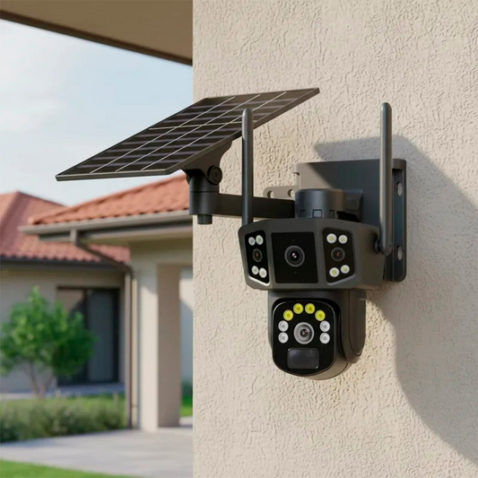 2 Camaras De Seguridad 3 En 1 Triple Angulo Con Panel Recar.