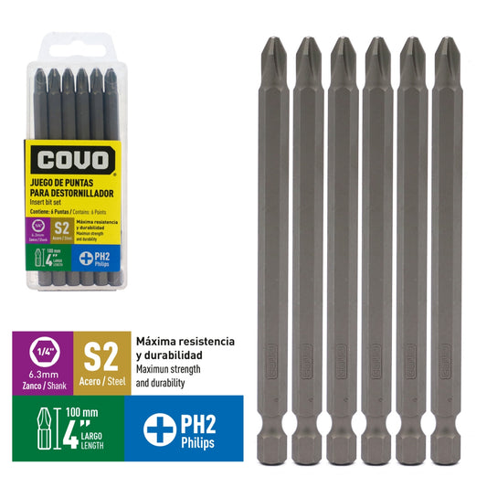 Juego De 6 Puntas De Estría 4 Inches Ph2 Destornillador Covo