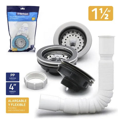 Kit De Desagüe Fregadero Con Canasta Y Sifón Flexible 1 1/2