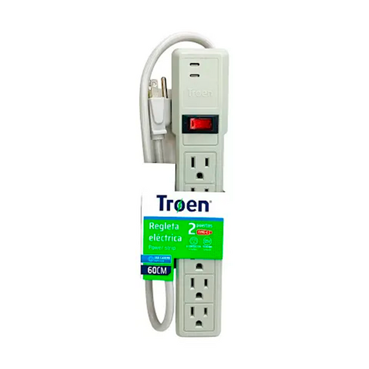 Regleta Eléctrica Troen 6 Tomas + 2 Puertos Tipo C Troen