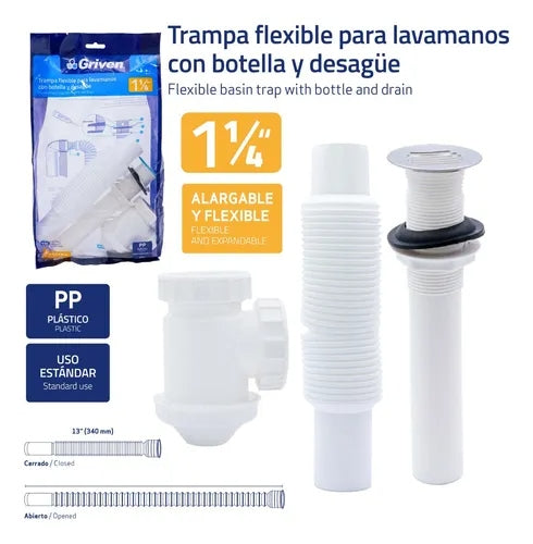 Desague Lavamanos Con Sifon Extensible 1 1/4 Marca Griven