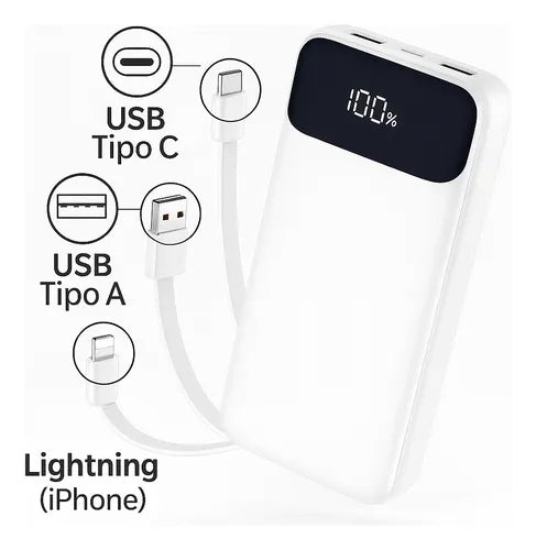 Power Bank 20000mah Cargador Portatil De 2 Cables Usb+tipo C