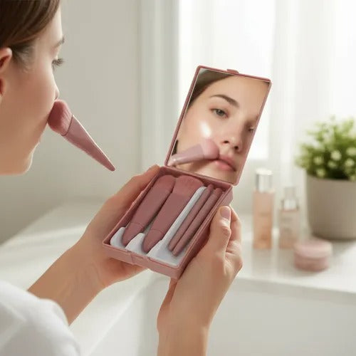 Juego De 5 Brochas De Maquillaje Con Espejo Brochas Portátil