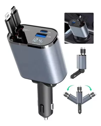 CARGADOR DE CARRO Y AUTOMOVIL RETRACTIL DE CARGA RAPIDA TIPO C USB Y LIGHTNING 66W