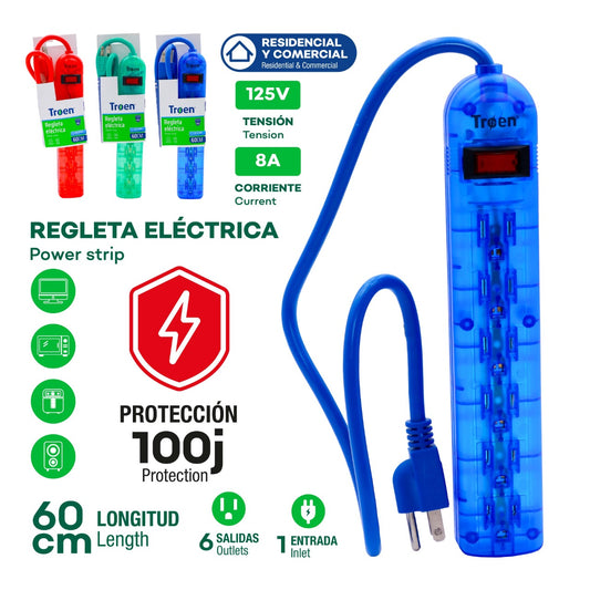 Regleta Eléctrica De 6 Tomas 60 Cm Longitud De Cable Troen