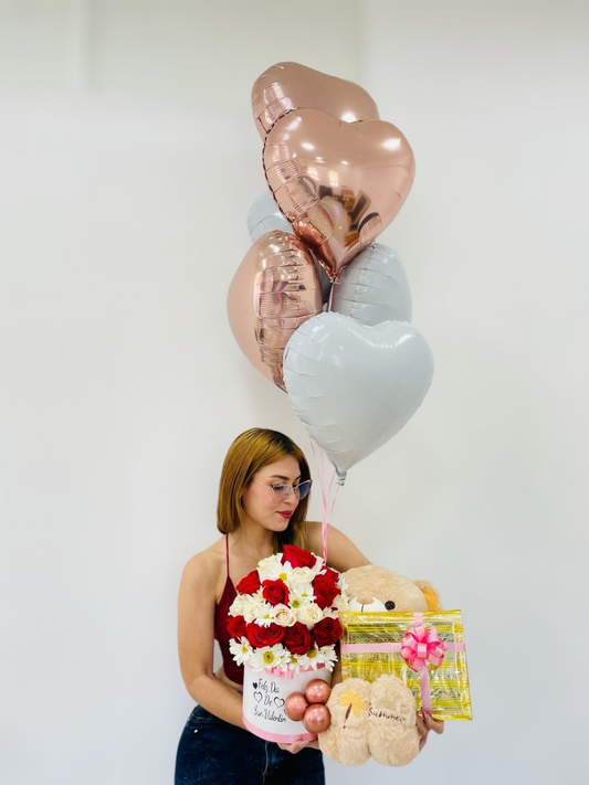 Arreglo de flores, peluche & helio