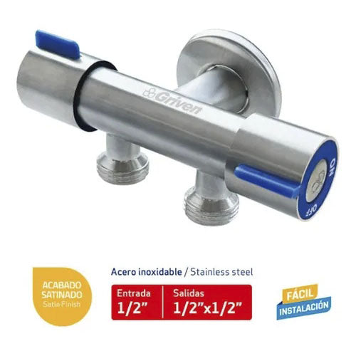 Llave Arresto De Angulo Doble 1/2x1/2 Satinado Marca Griven