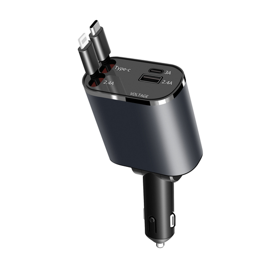 CARGADOR DE CARRO Y AUTOMOVIL RETRACTIL DE CARGA RAPIDA TIPO C USB Y LIGHTNING 66W