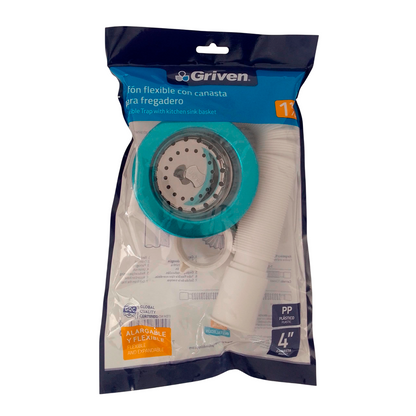 Kit De Desagüe Fregadero Con Canasta Y Sifón Flexible 1 1/2