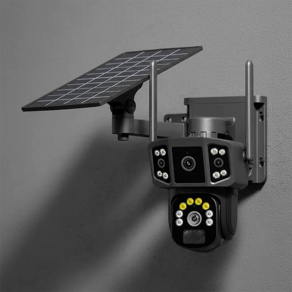 2 Camaras De Seguridad 3 En 1 Triple Angulo Con Panel Recar.