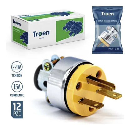 Enchufe Metálico Macho 2 Polos + Tierra 15 Amperios Troen 125v