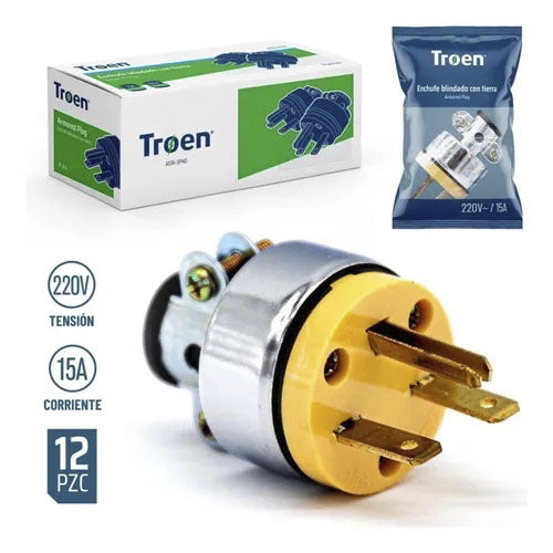 Enchufe Metálico Macho 2 Polos + Tierra 15 Amperios Troen 125v