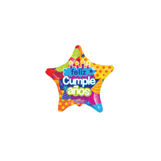GLOBO DE ESTRELLA METALIZADO 18 INCH FELIZ CUMPLEANOS TORTA