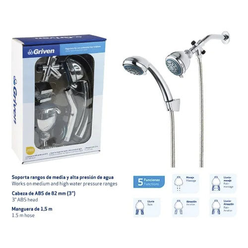 Set Regadera Fija + ducha Teléfono 1.5m Plástico Cromado Griven